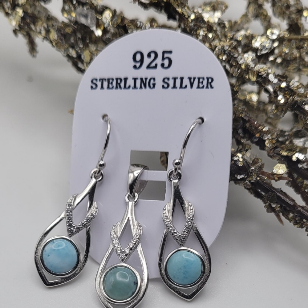 Natural Larimar and Cubic Zirconia 925 Sterling Silver Pendant and Earring Set.